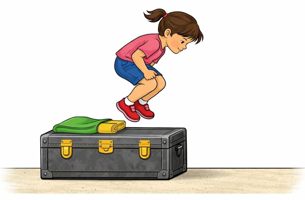 Your three‑year‑old niece is standing on your iron trunk containing the luggage